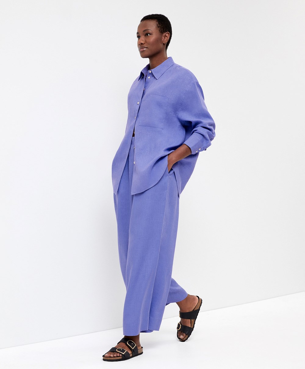 Bright Lavender Oysho 100% Linen Wide-leg Trousers | BIUD20469