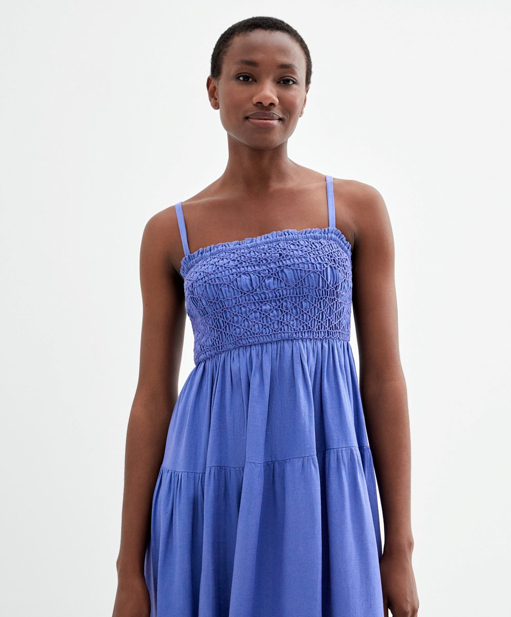 Bright Lavender Oysho Strappy Ruched Linen Dress | CAEK49857