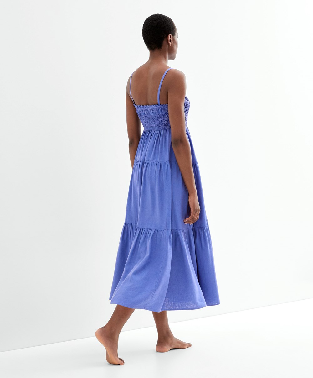 Bright Lavender Oysho Strappy Ruched Linen Dress | CAEK49857