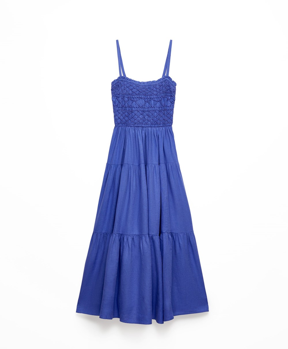 Bright Lavender Oysho Strappy Ruched Linen Dress | CAEK49857