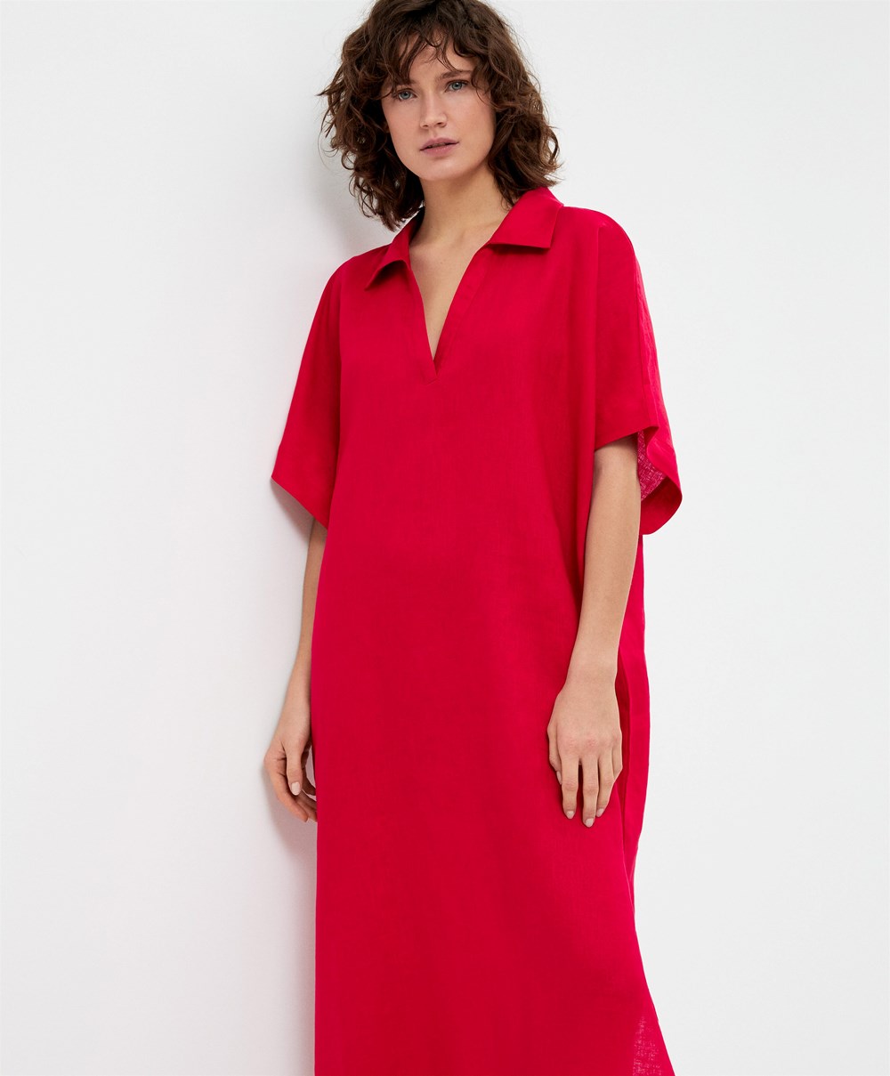 Bright Red Oysho 100% Linen Polo Collar Tunic Dress | QPBT87436