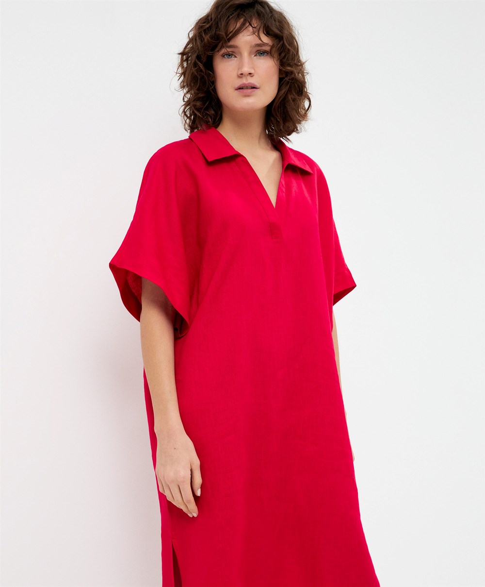 Bright Red Oysho 100% Linen Polo Collar Tunic Dress | QPBT87436