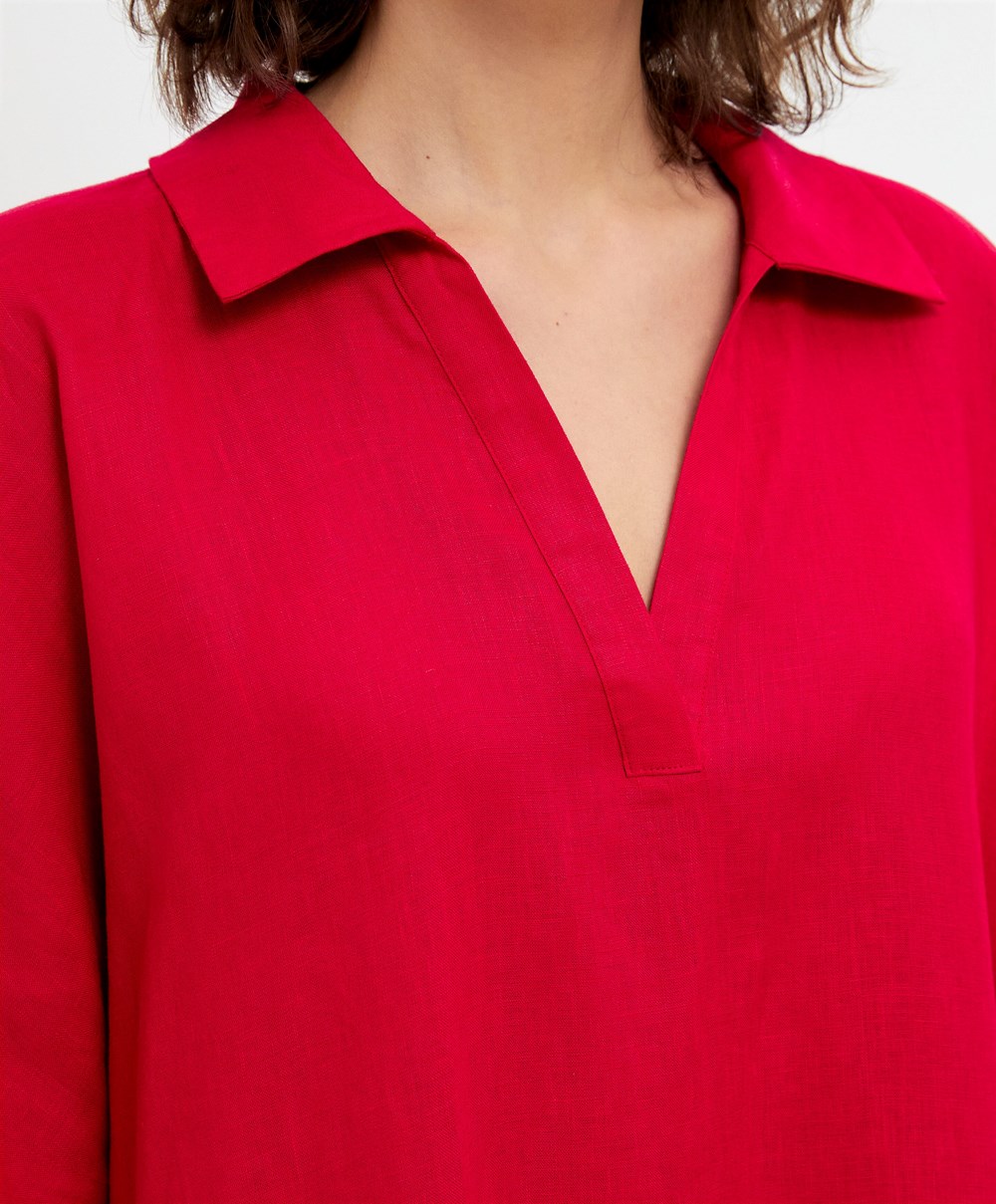 Bright Red Oysho 100% Linen Polo Collar Tunic Dress | QPBT87436