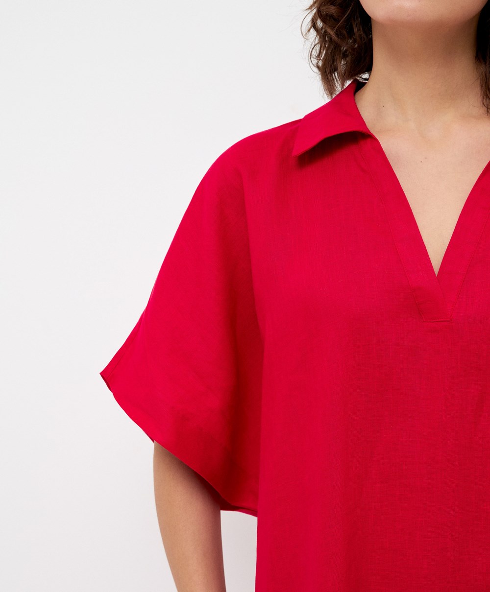 Bright Red Oysho 100% Linen Polo Collar Tunic Dress | QPBT87436