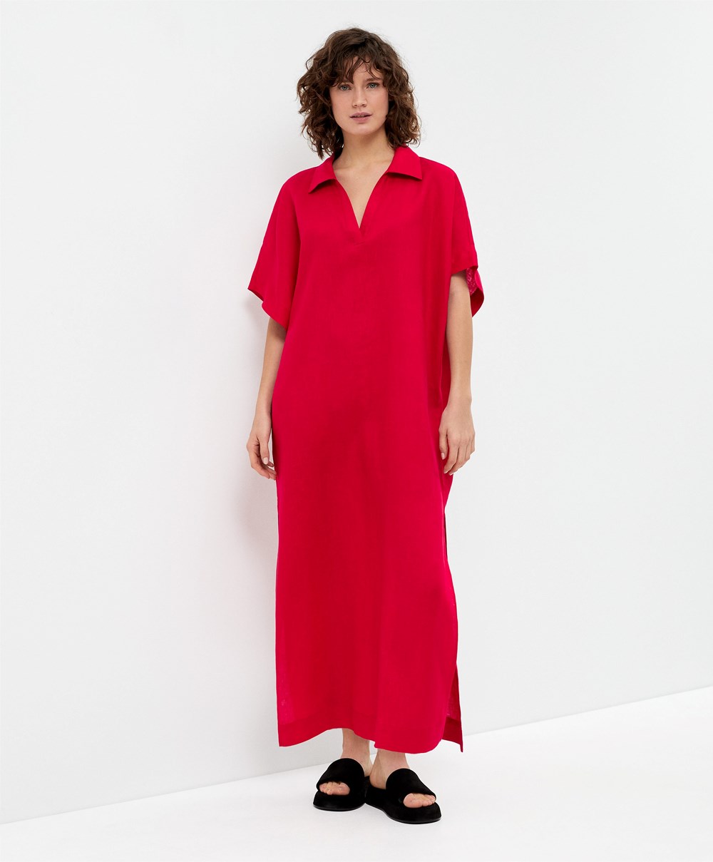 Bright Red Oysho 100% Linen Polo Collar Tunic Dress | QPBT87436