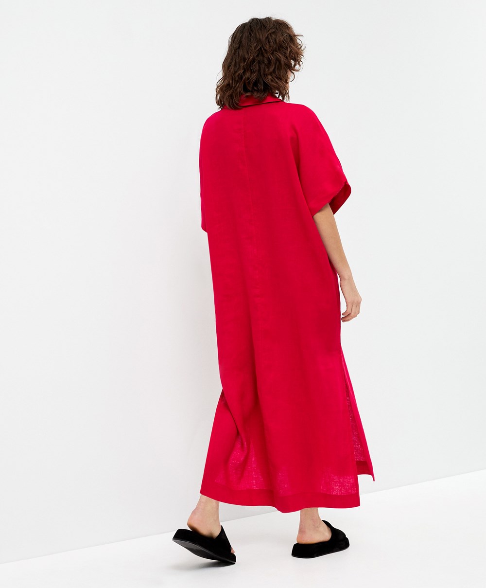 Bright Red Oysho 100% Linen Polo Collar Tunic Dress | QPBT87436