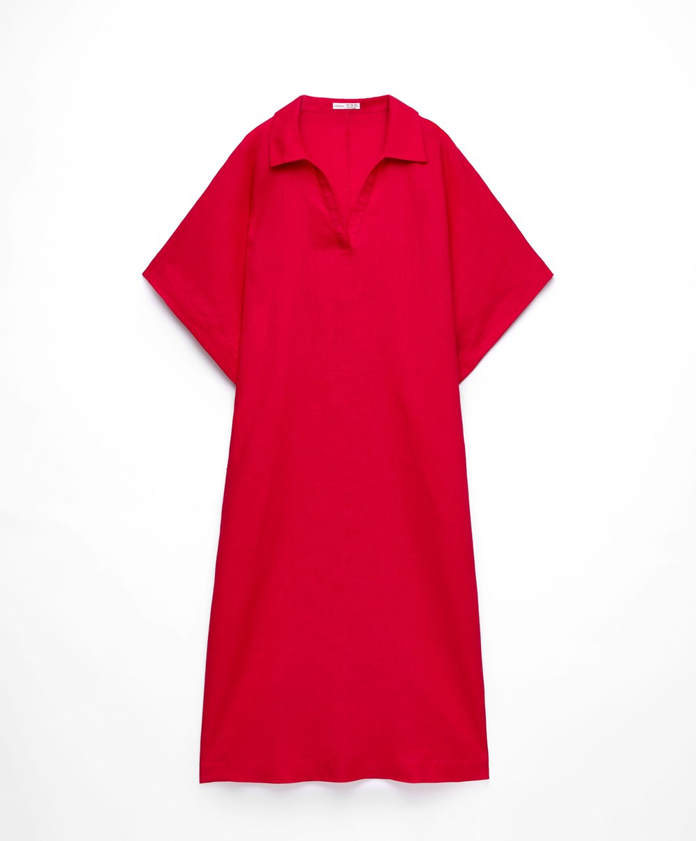 Bright Red Oysho 100% Linen Polo Collar Tunic Dress | QPBT87436