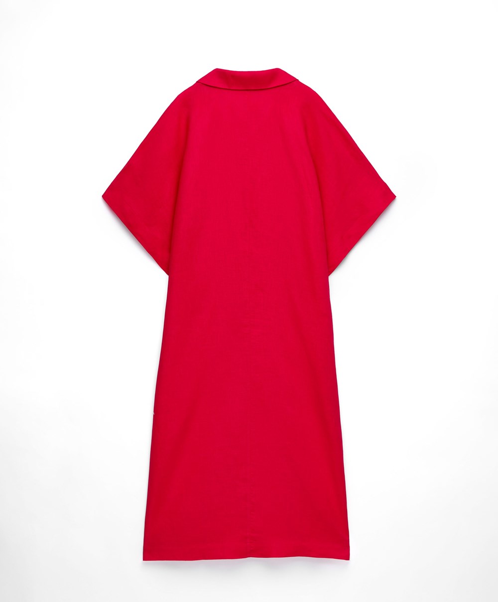 Bright Red Oysho 100% Linen Polo Collar Tunic Dress | QPBT87436