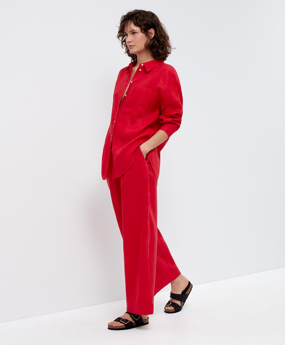 Bright Red Oysho 100% Linen Wide-leg Trousers | BFPK29158