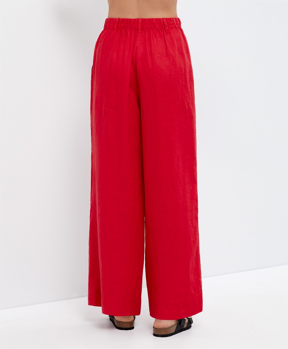 Bright Red Oysho 100% Linen Wide-leg Trousers | BFPK29158