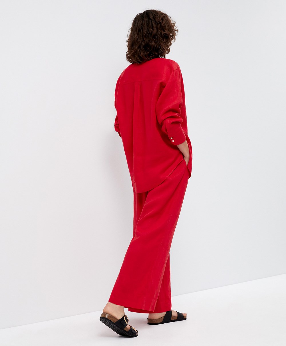 Bright Red Oysho 100% Linen Wide-leg Trousers | BFPK29158