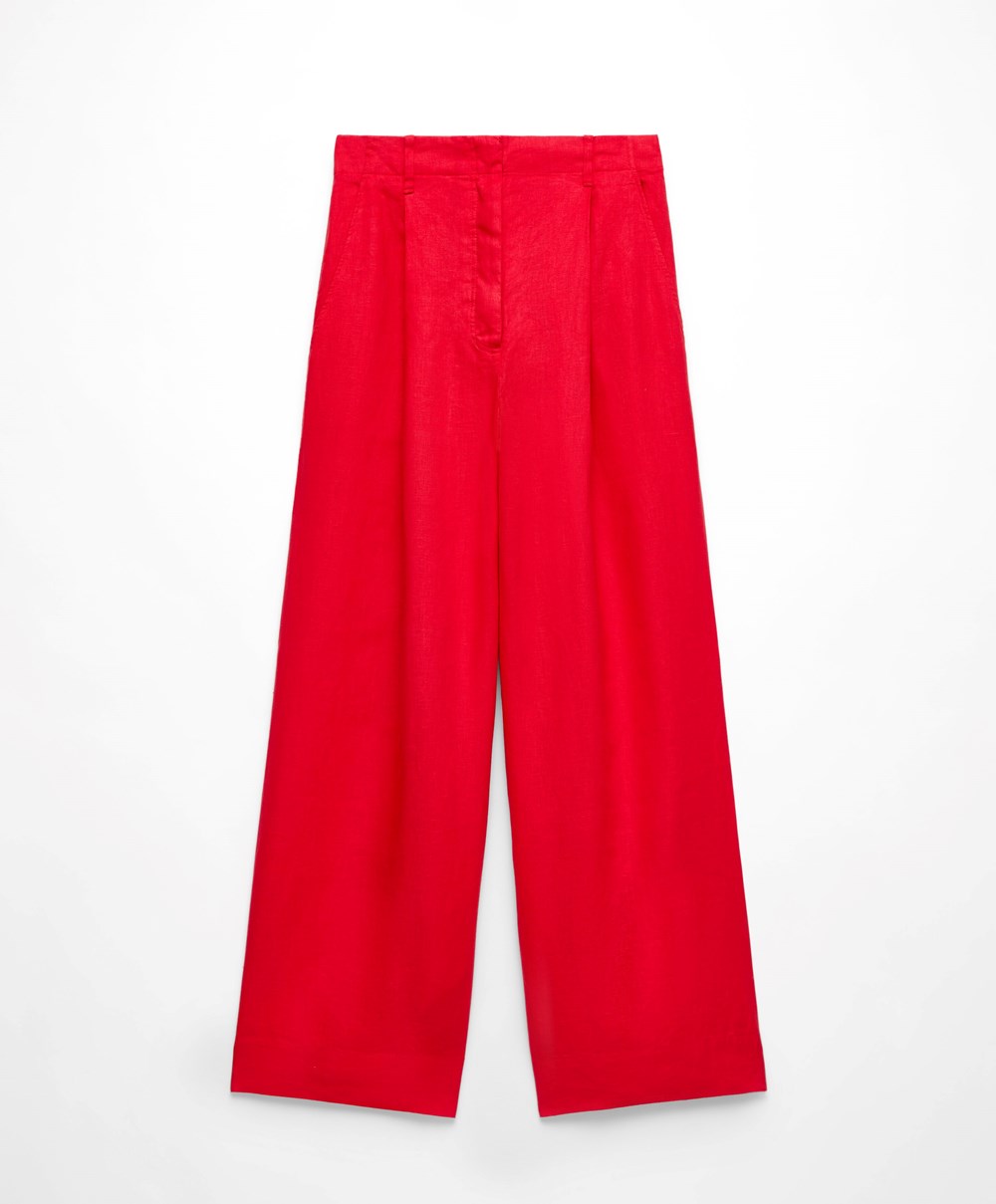 Bright Red Oysho 100% Linen Wide-leg Trousers | BFPK29158