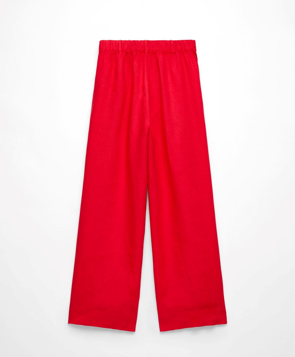 Bright Red Oysho 100% Linen Wide-leg Trousers | BFPK29158