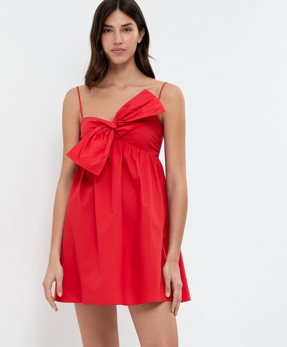 Bright Red Oysho Short Dress With Bow | MGIZ25360