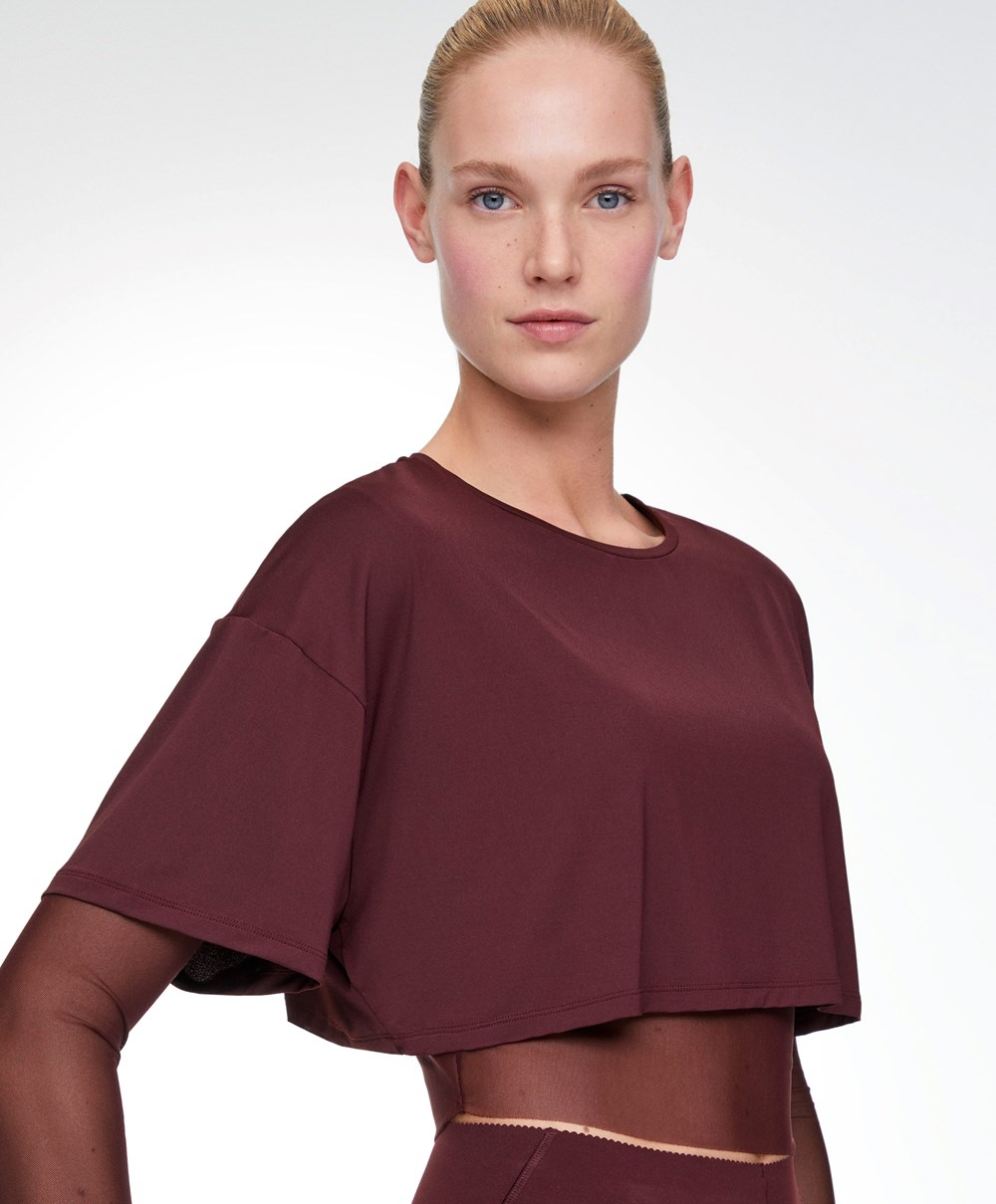 Burgundy Oysho Double Mesh Top | AWZR60142