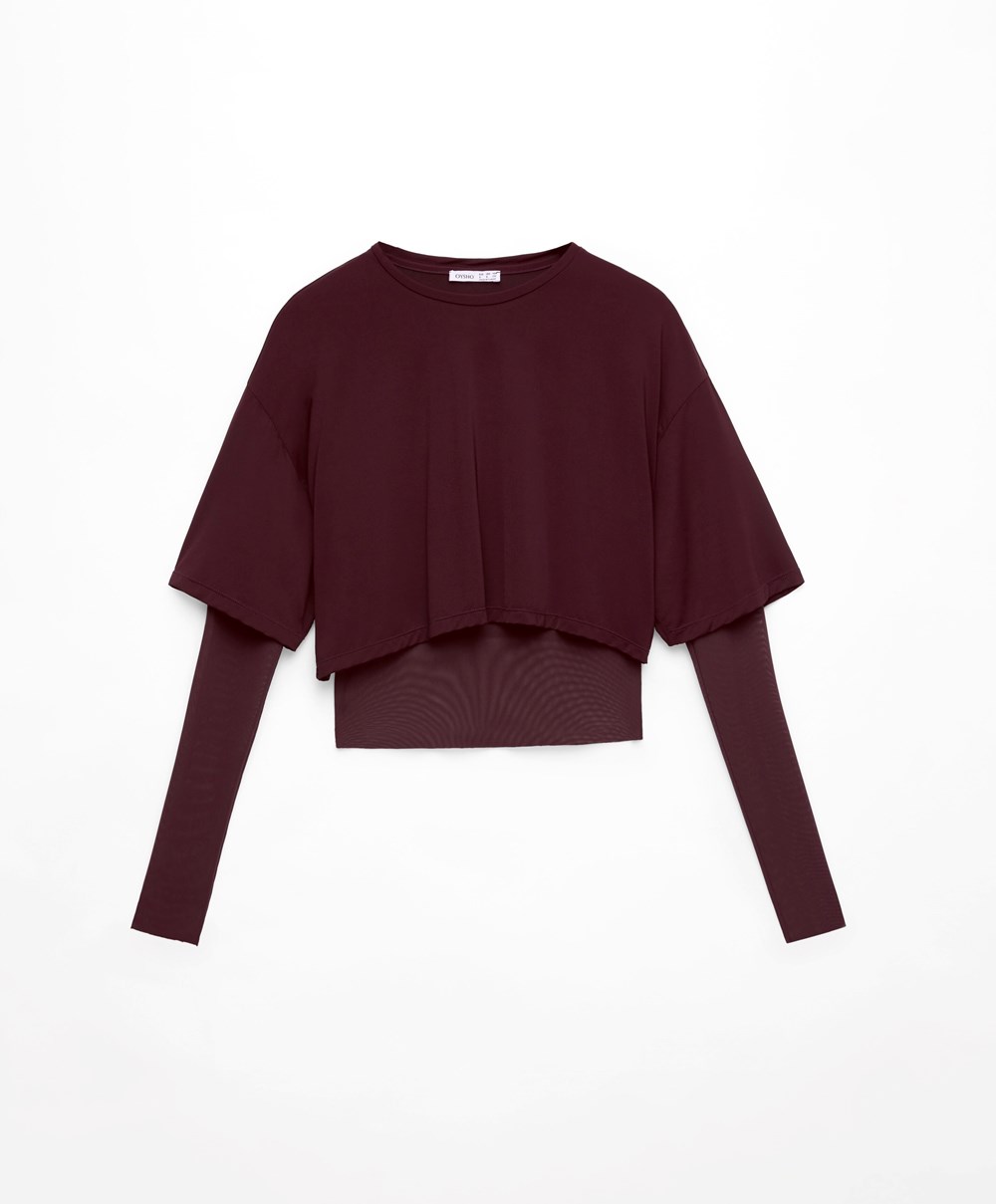 Burgundy Oysho Double Mesh Top | AWZR60142