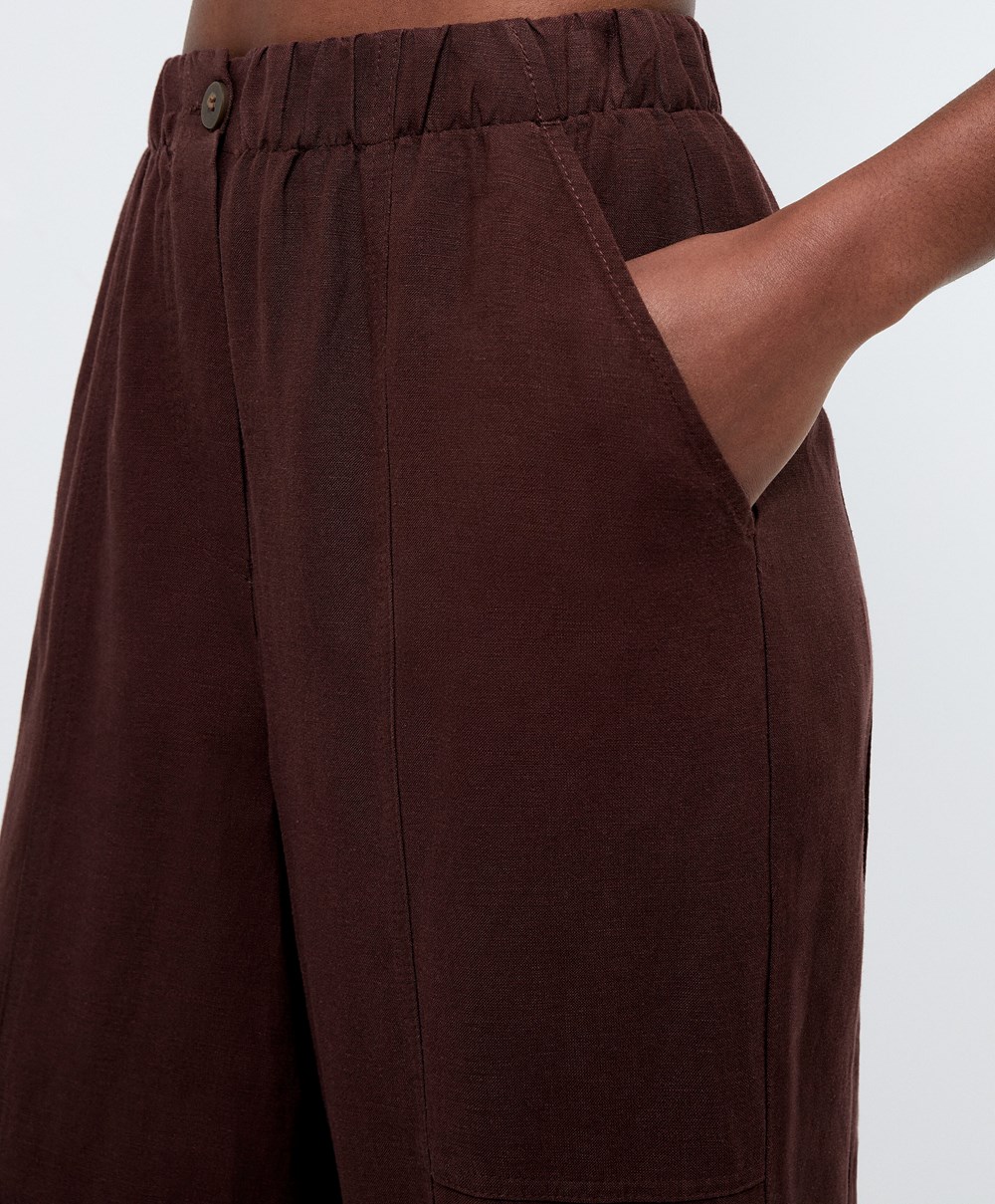 Chocolate Oysho Linen Barrel Trousers | UACR46570