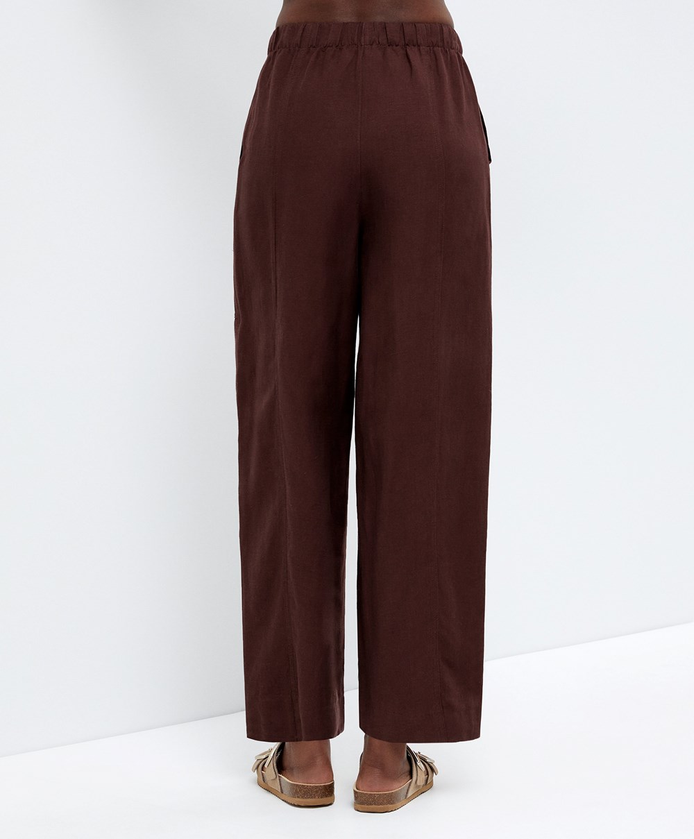 Chocolate Oysho Linen Barrel Trousers | UACR46570