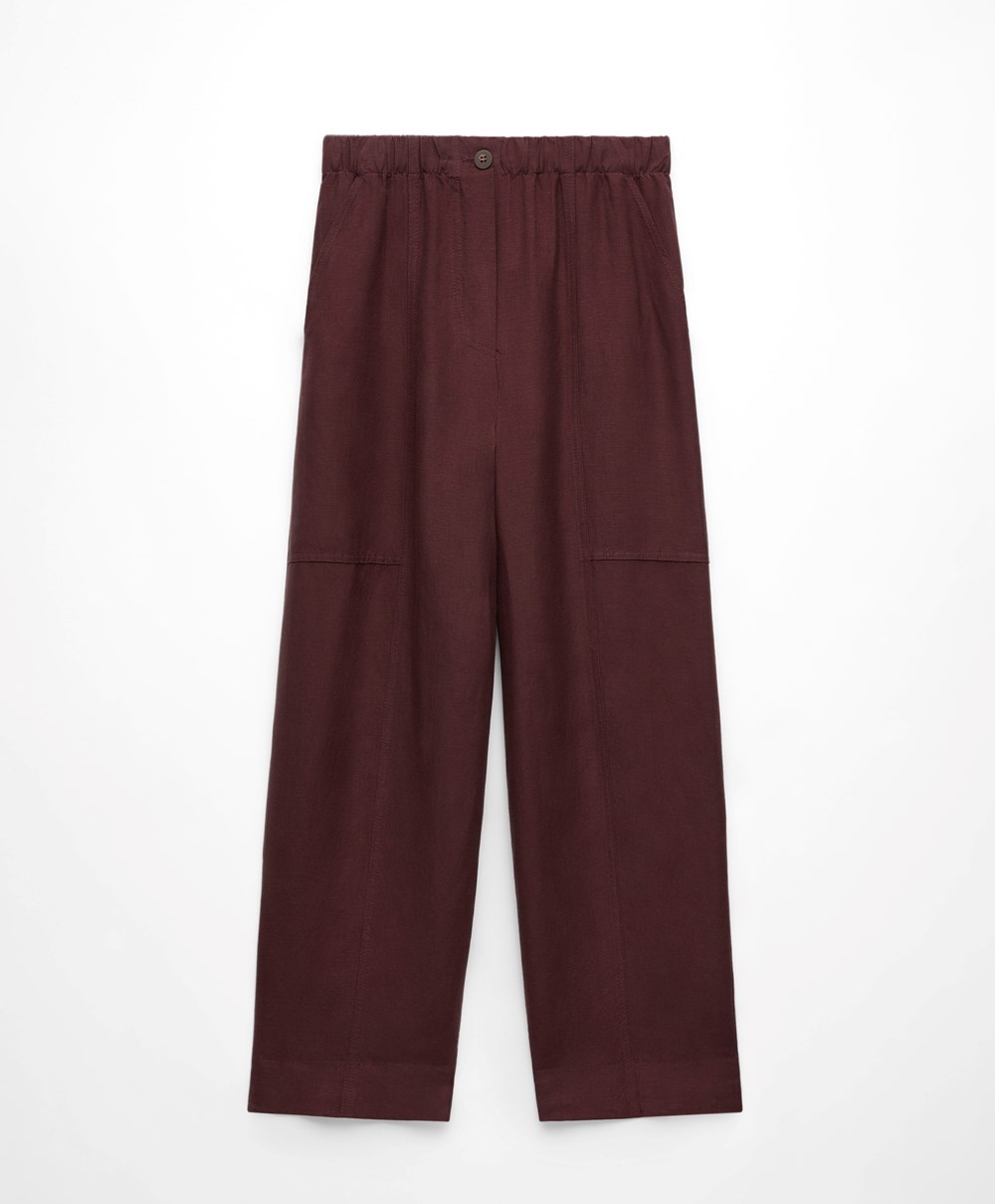 Chocolate Oysho Linen Barrel Trousers | UACR46570