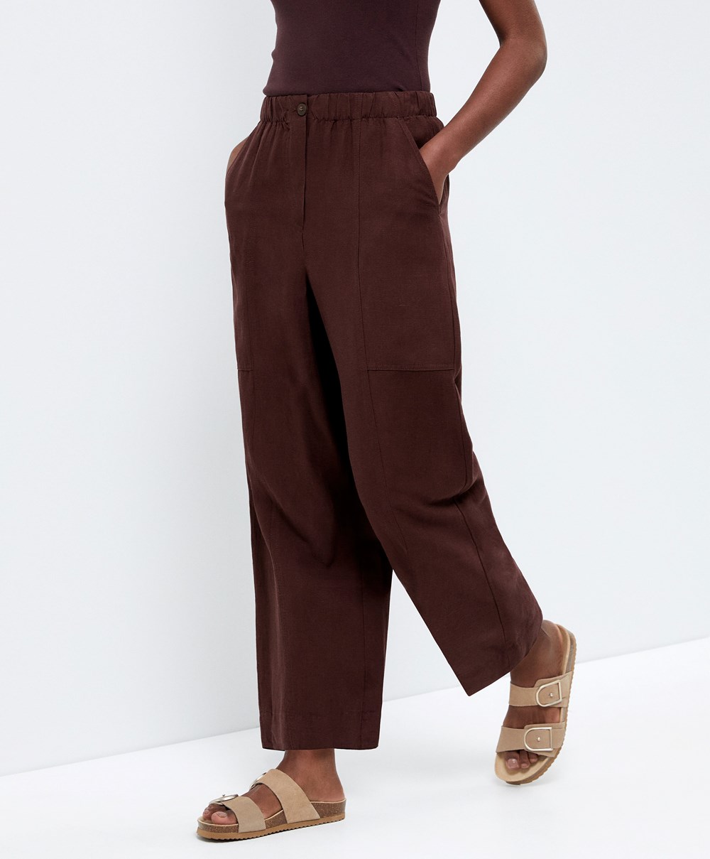 Chocolate Oysho Linen Barrel Trousers | UACR46570