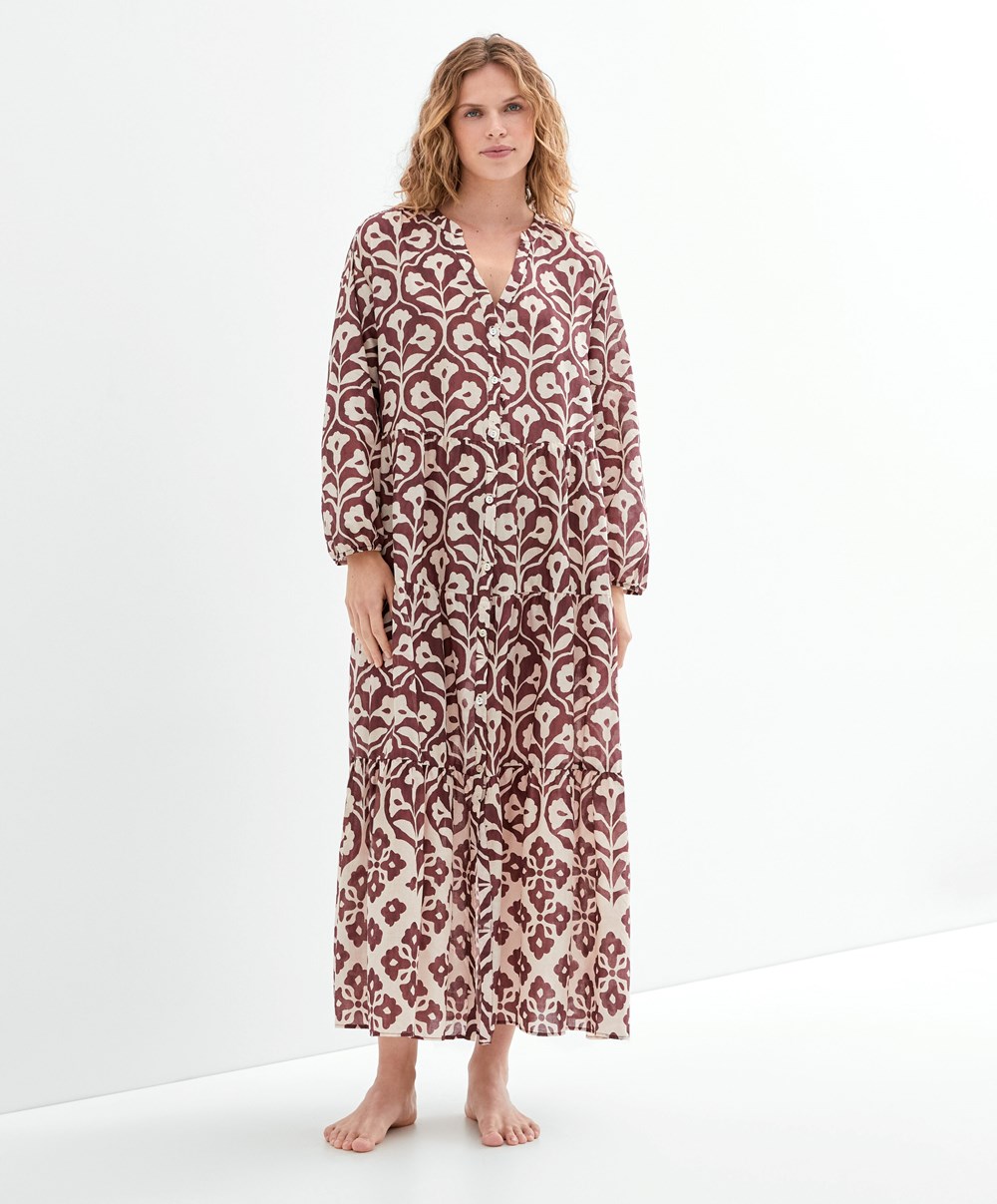 Chocolate Oysho Printed 100% Cotton Tunic Dress | LDFT32685