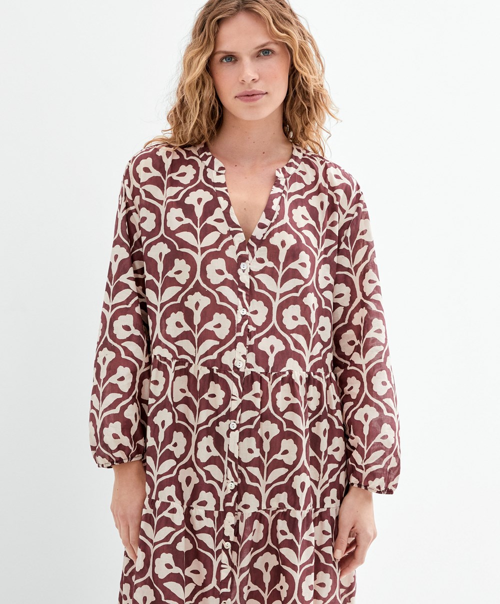 Chocolate Oysho Printed 100% Cotton Tunic Dress | LDFT32685