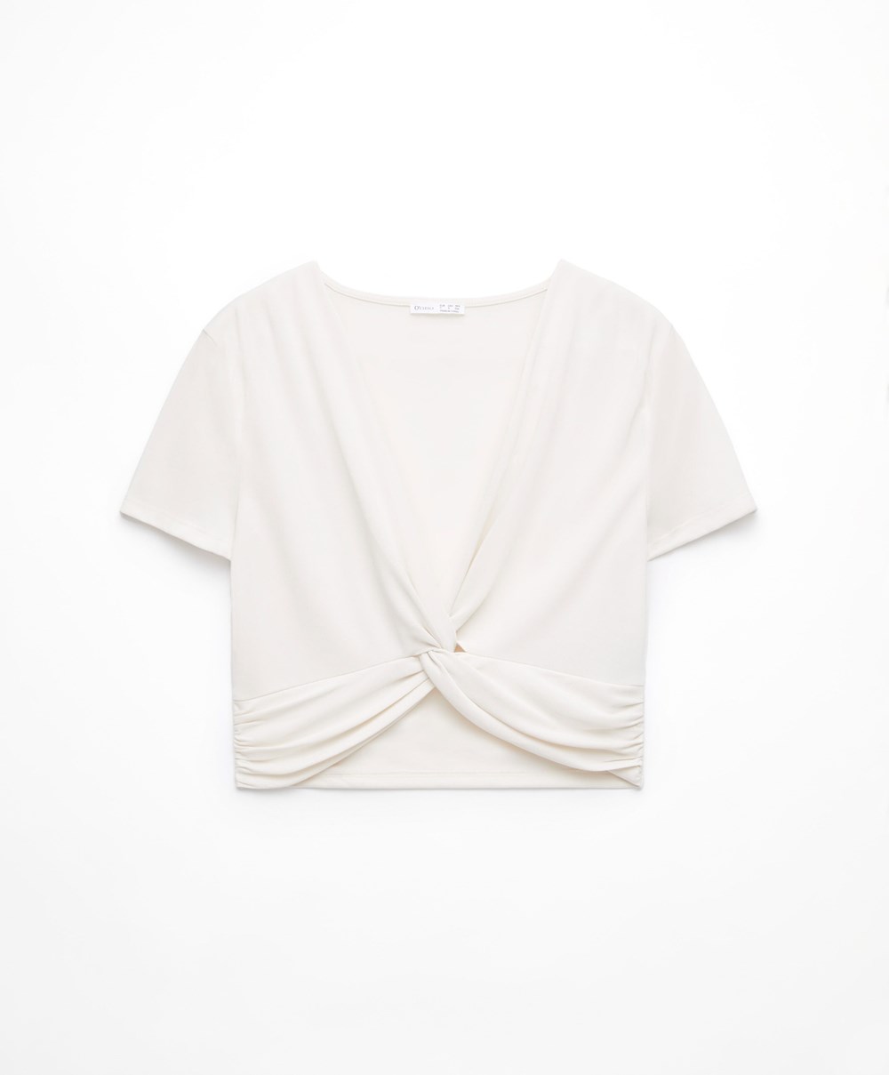 Cream-white Oysho Crop Modal Knot T-shirt | NKHE23517