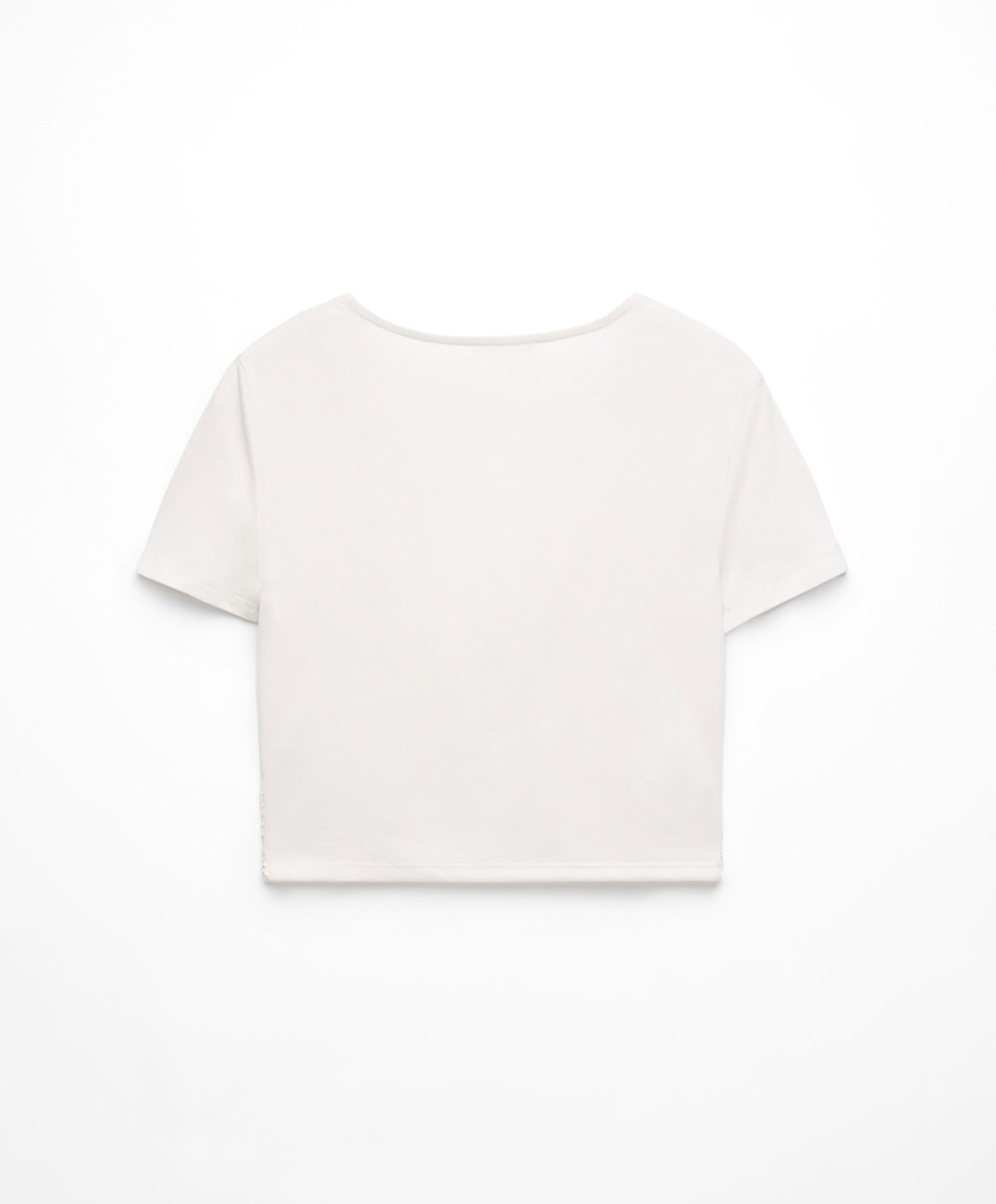 Cream-white Oysho Crop Modal Knot T-shirt | NKHE23517