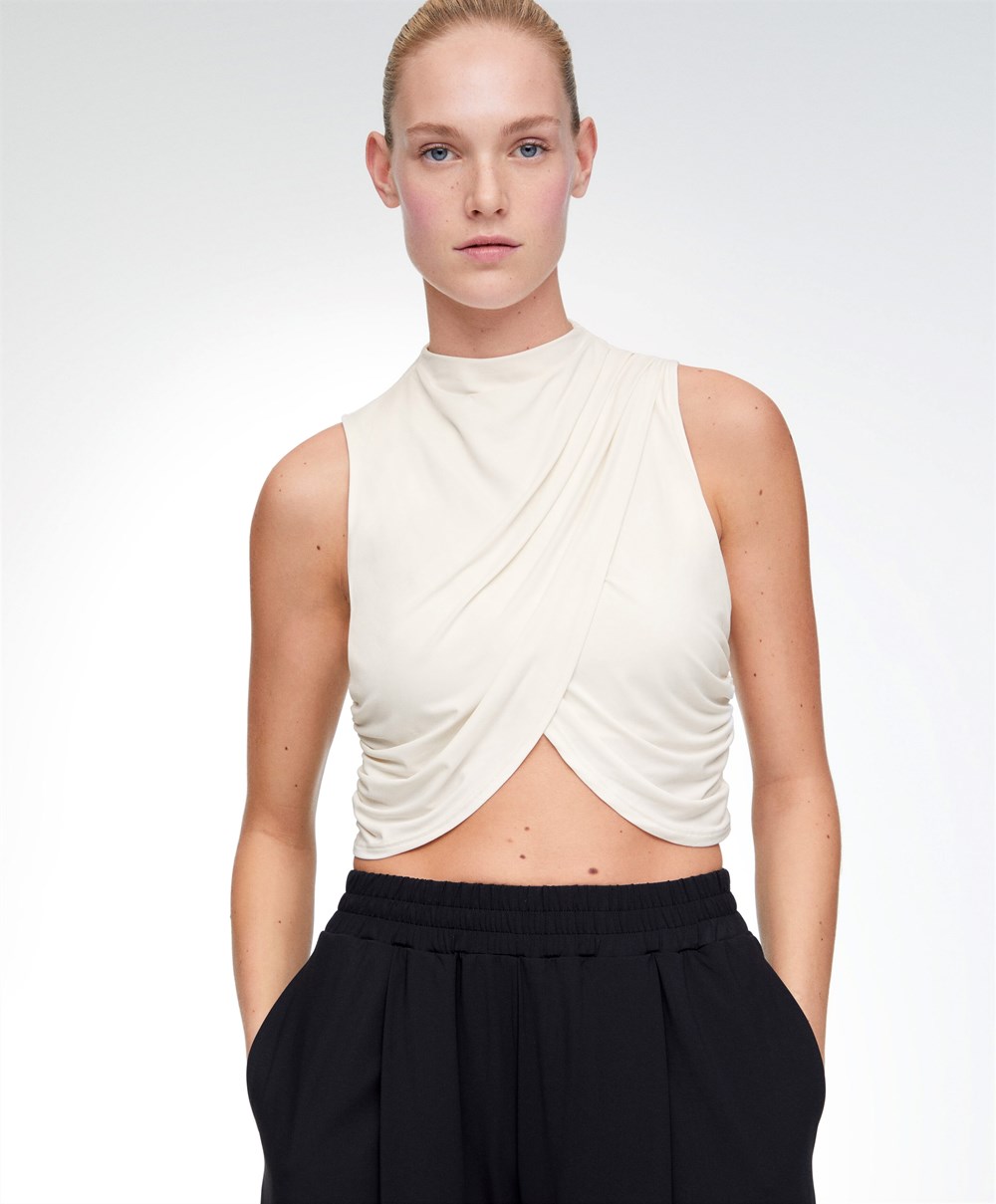 Cream-white Oysho Draped Crop Top | CMRH18295