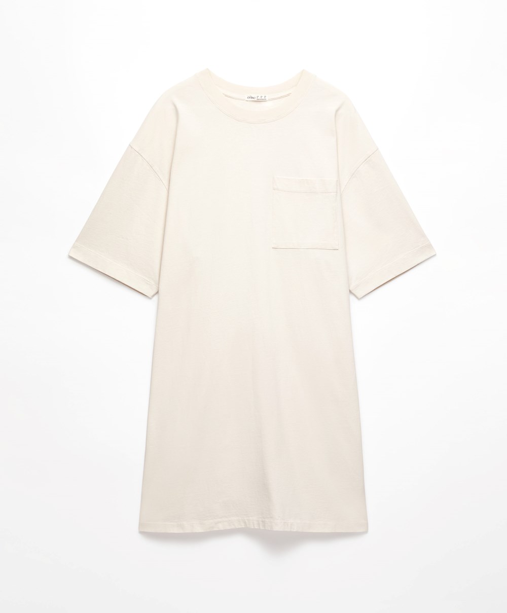 Cream-white Oysho Washed 100% Cotton Long T-shirt | YBHD40129