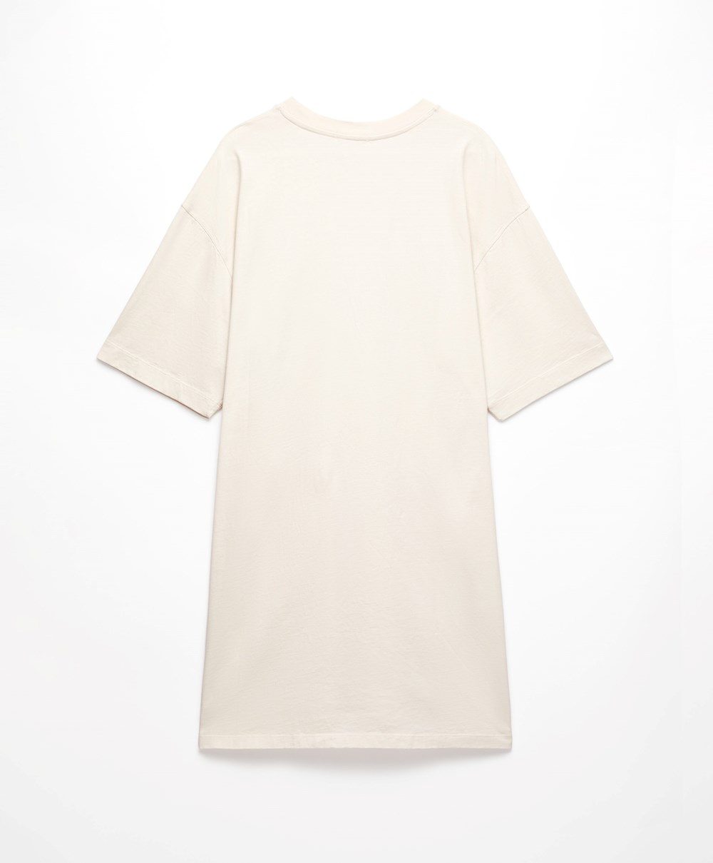 Cream-white Oysho Washed 100% Cotton Long T-shirt | YBHD40129