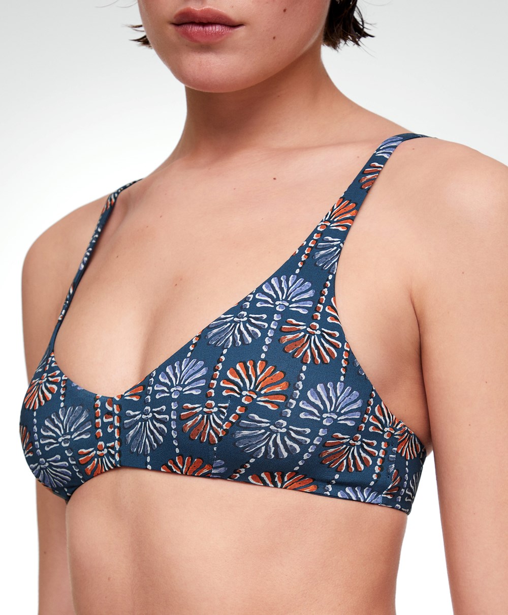 Dark Blue Oysho Palm Tree Halter Bikini Top | GKJF93158