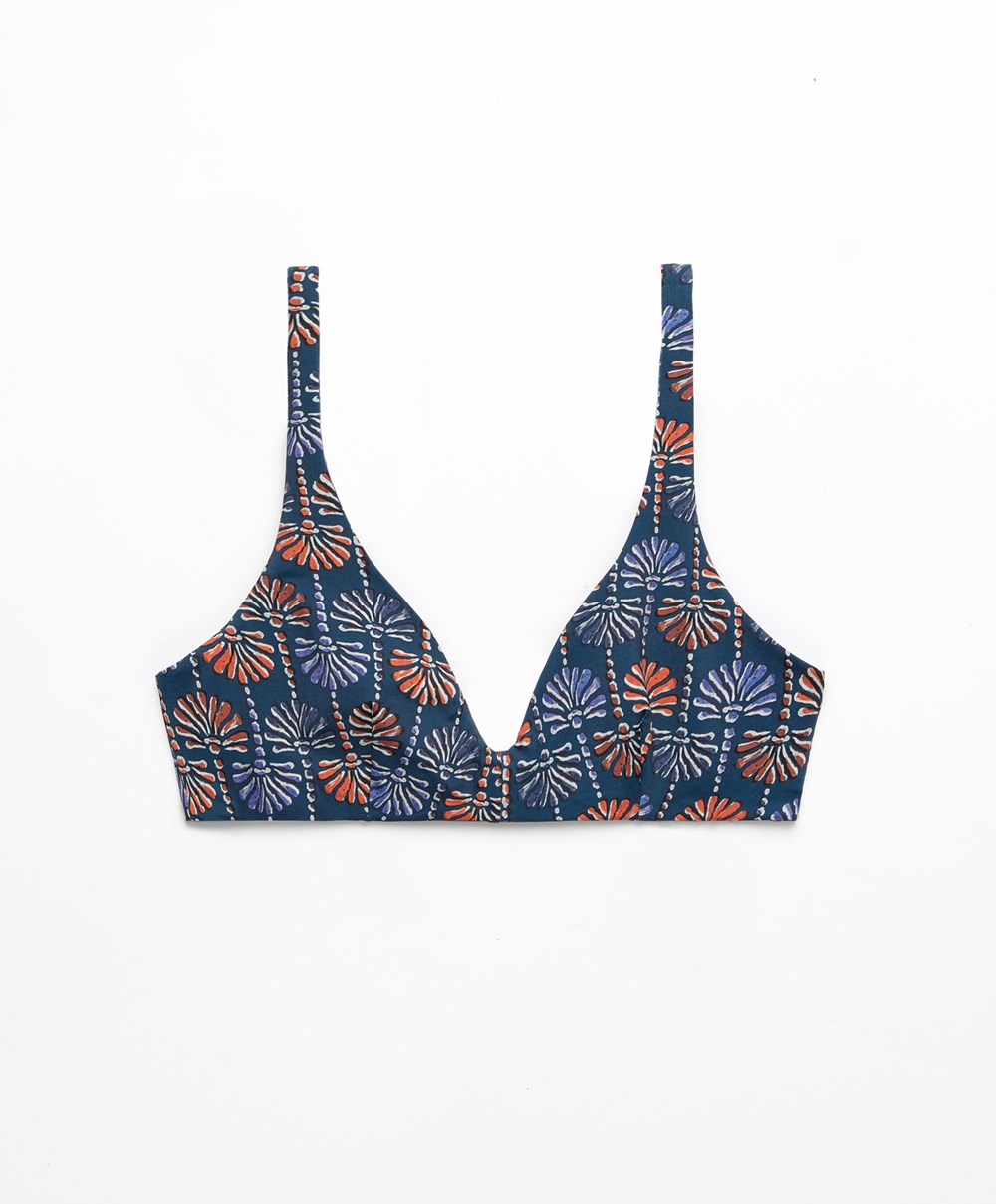 Dark Blue Oysho Palm Tree Halter Bikini Top | GKJF93158