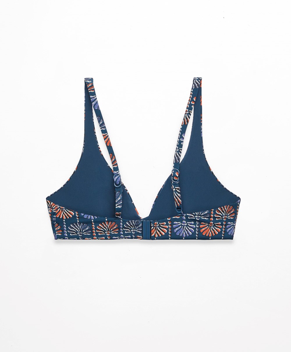 Dark Blue Oysho Palm Tree Halter Bikini Top | GKJF93158