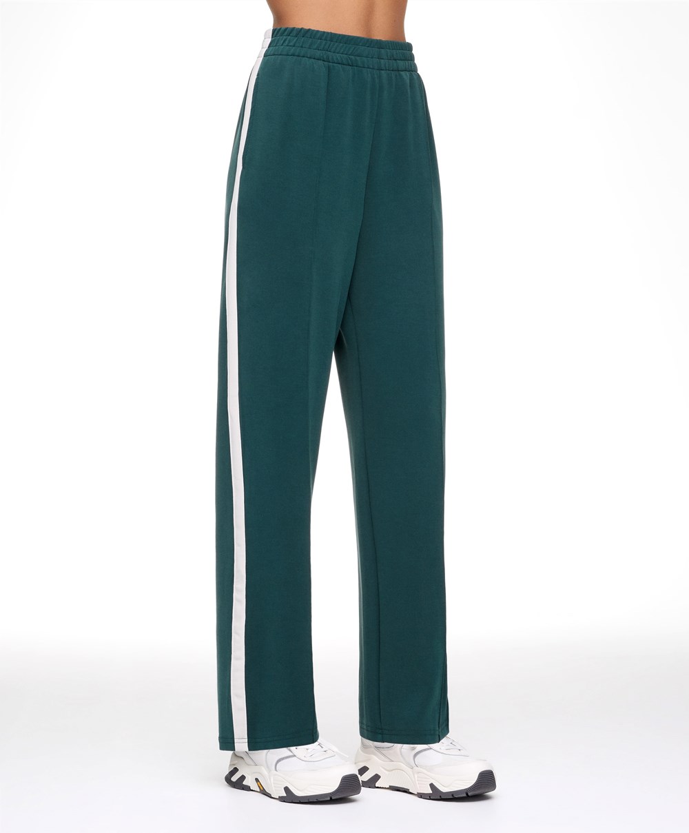 Dark Turquoise Oysho Soft Touch Modal Trousers With Straight Leg And Stripe | MILC12768