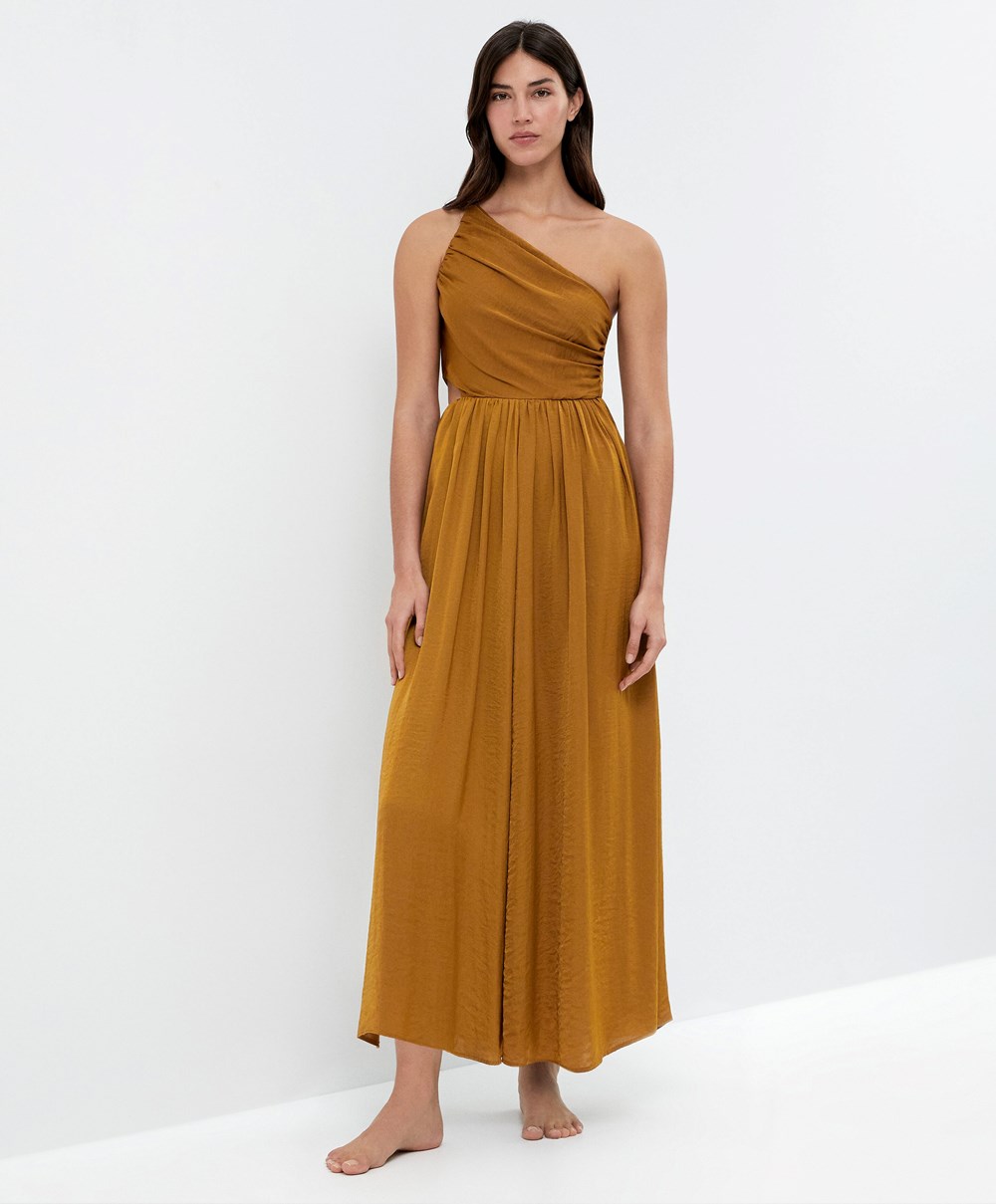 Dark Yellow-green Oysho Long Asymmetric Dress With A Satin Finish | EUVN71904