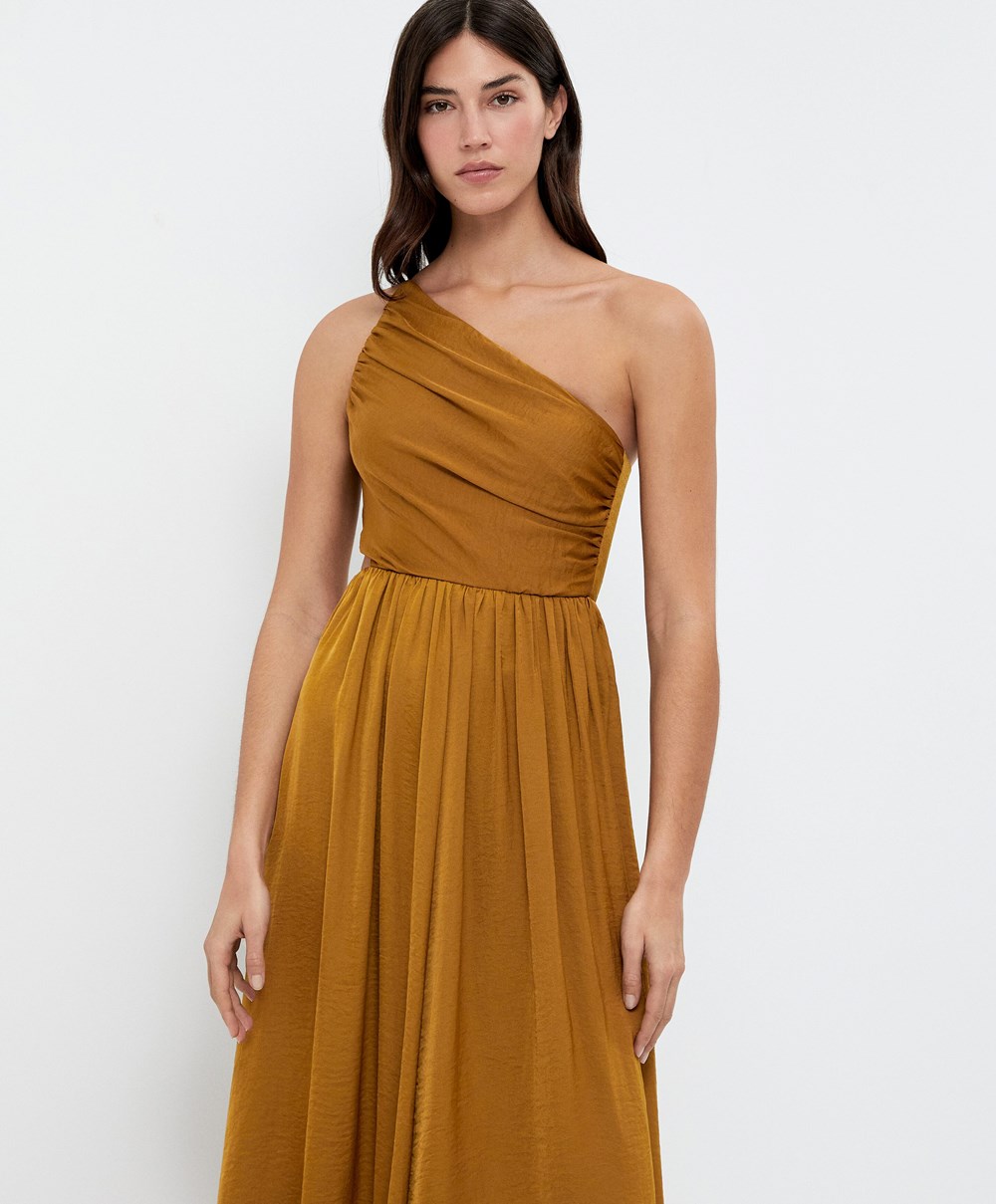 Dark Yellow-green Oysho Long Asymmetric Dress With A Satin Finish | EUVN71904