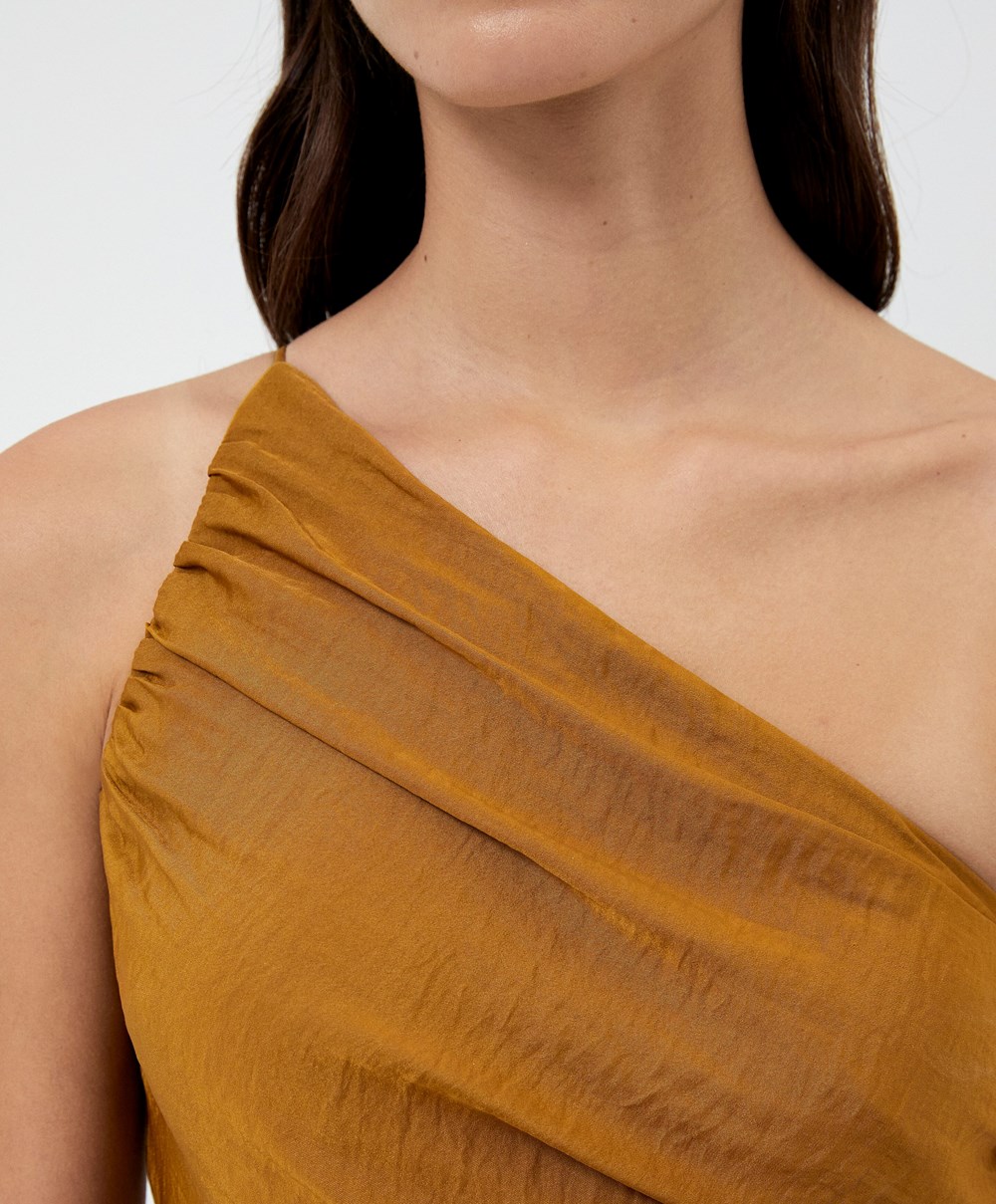 Dark Yellow-green Oysho Long Asymmetric Dress With A Satin Finish | EUVN71904