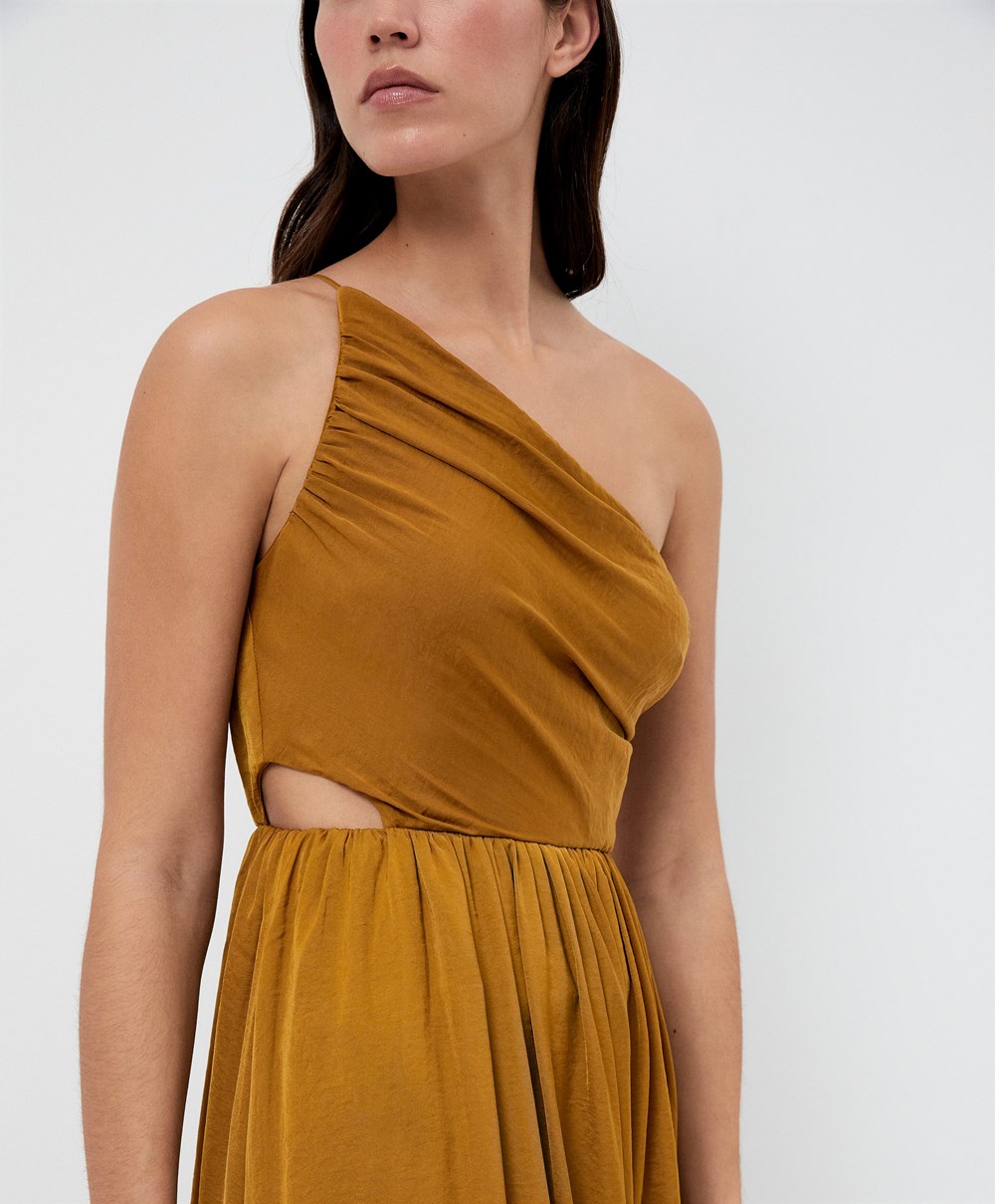 Dark Yellow-green Oysho Long Asymmetric Dress With A Satin Finish | EUVN71904