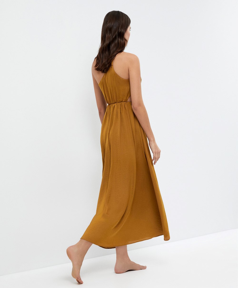 Dark Yellow-green Oysho Long Asymmetric Dress With A Satin Finish | EUVN71904