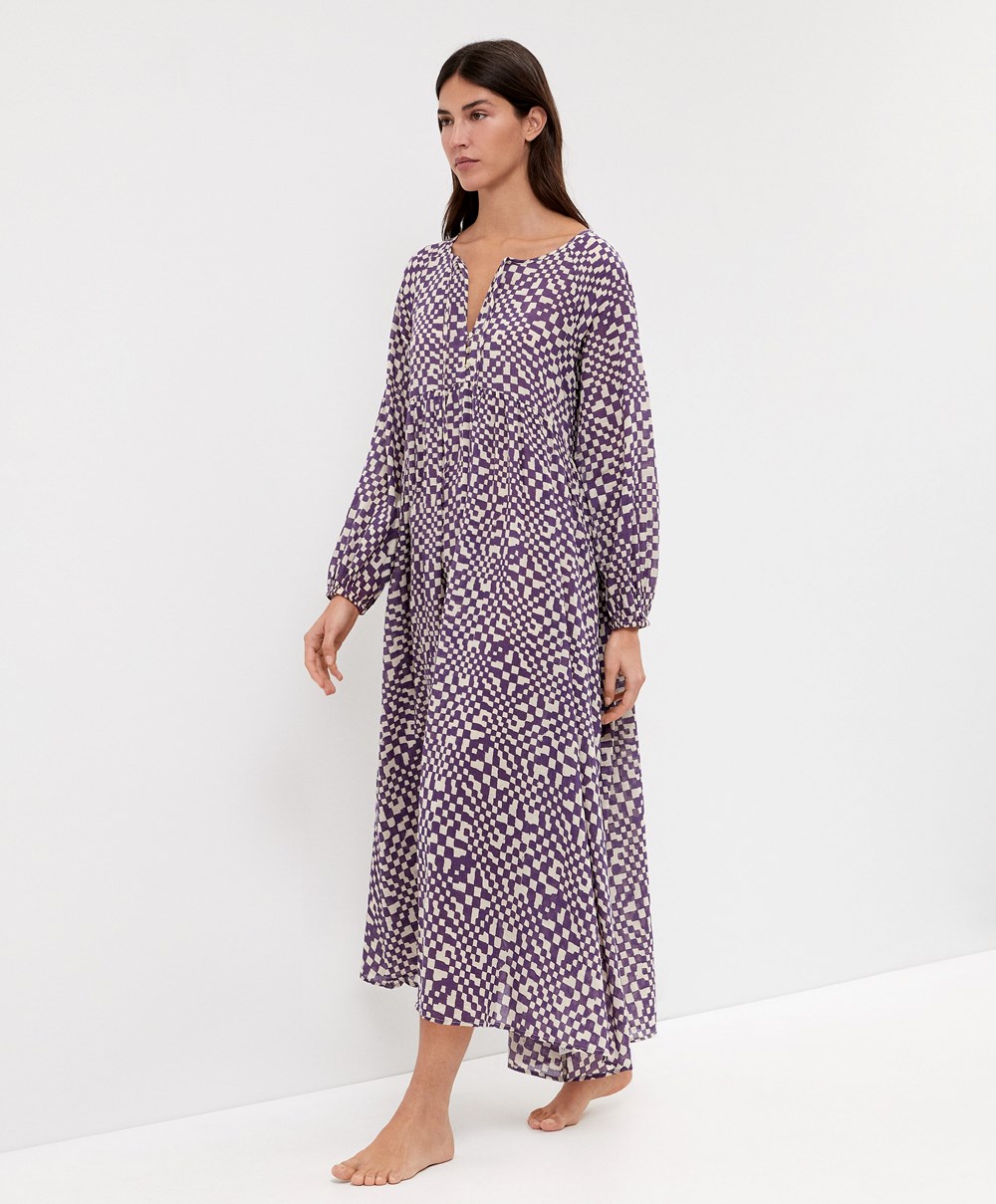 Deep Purple Oysho Printed 100% Cotton Tunic Dress | CVPG01738