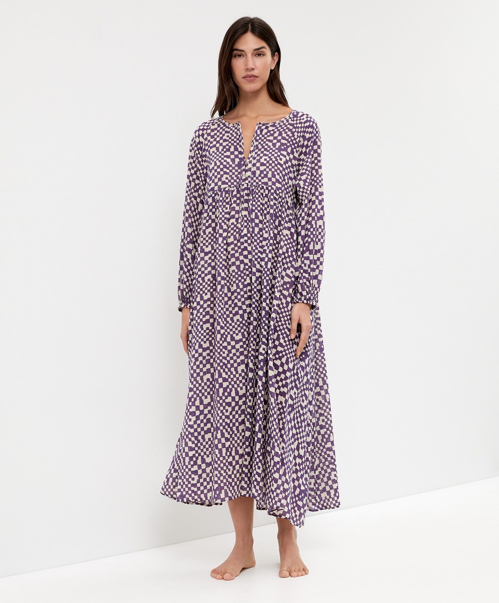 Deep Purple Oysho Printed 100% Cotton Tunic Dress | ZYIC89052