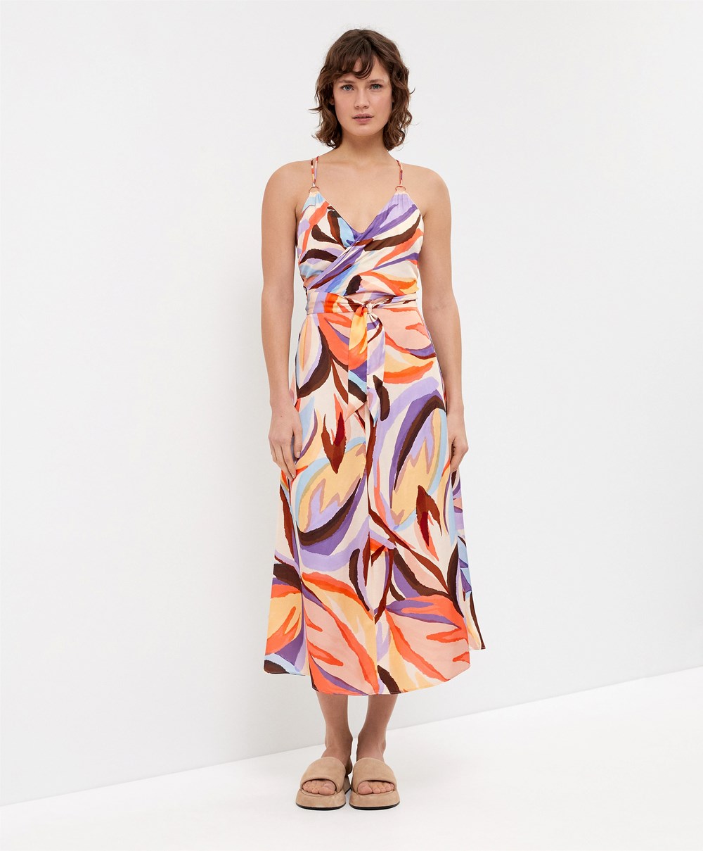 Deep Purple Oysho Satin Printed Strappy Long Dress | WJGY81527