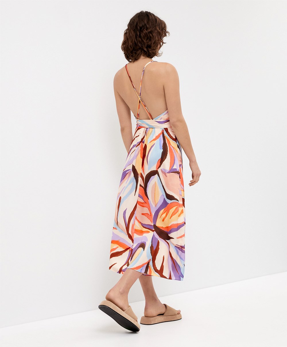 Deep Purple Oysho Satin Printed Strappy Long Dress | WJGY81527