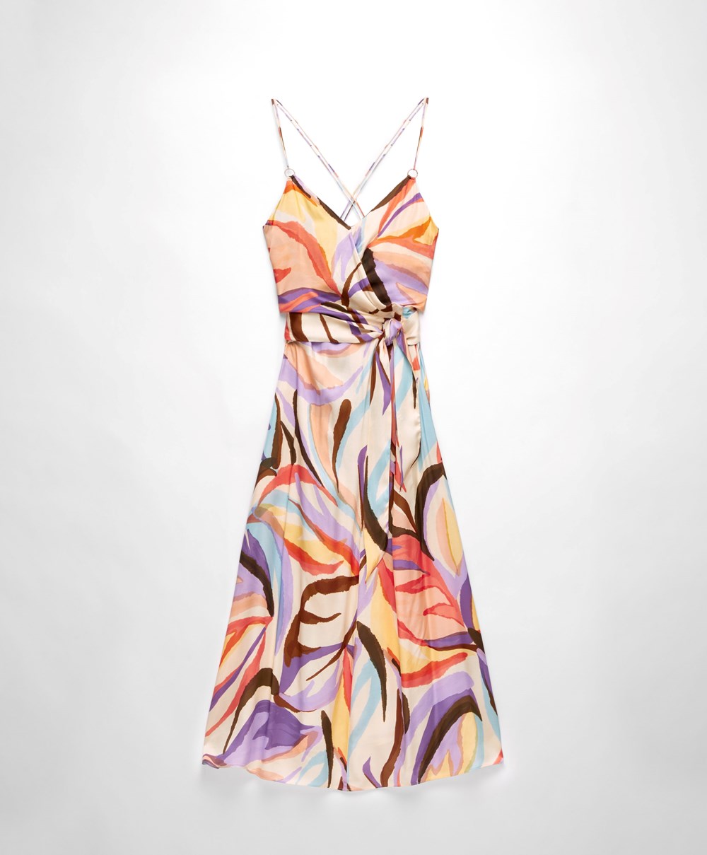 Deep Purple Oysho Satin Printed Strappy Long Dress | WJGY81527