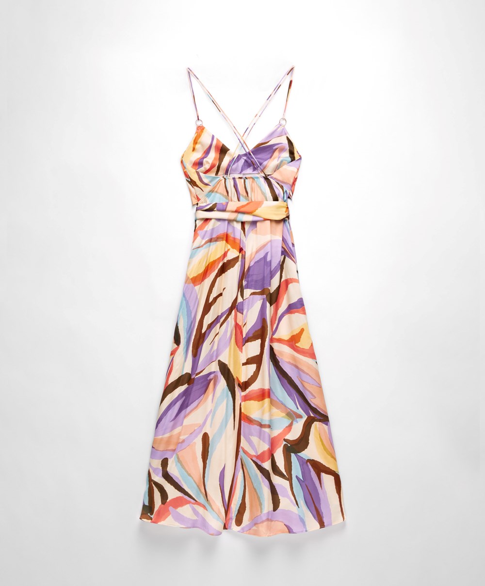 Deep Purple Oysho Satin Printed Strappy Long Dress | WJGY81527