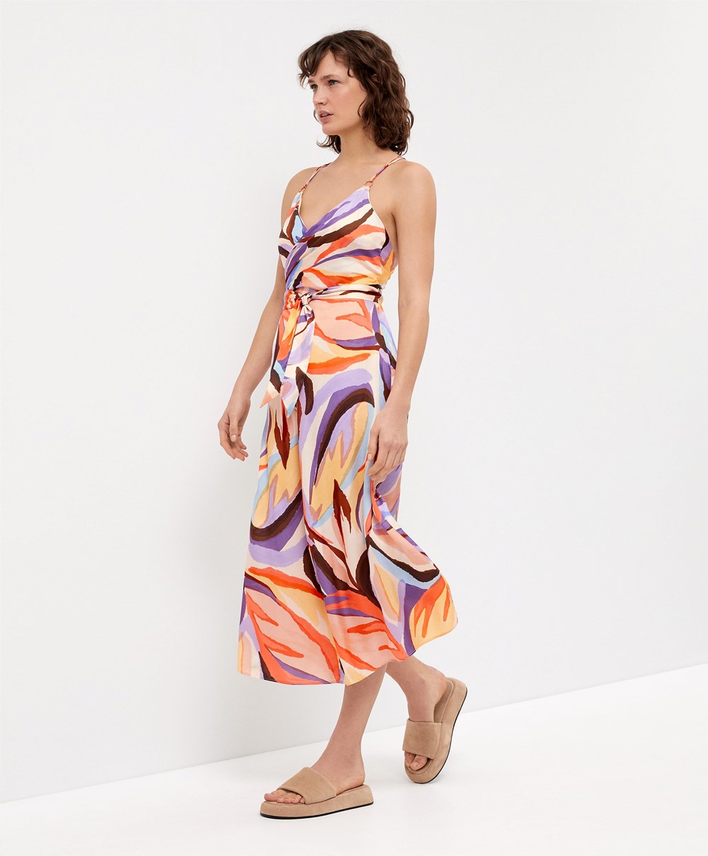 Deep Purple Oysho Satin Printed Strappy Long Dress | WQIX82017