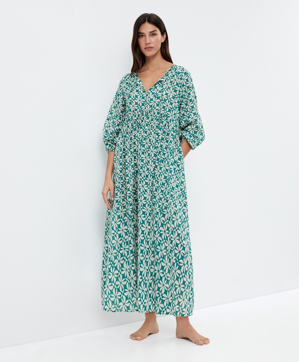 Duck Green Oysho Printed 100% Cotton Tunic Dress | DTMG58640