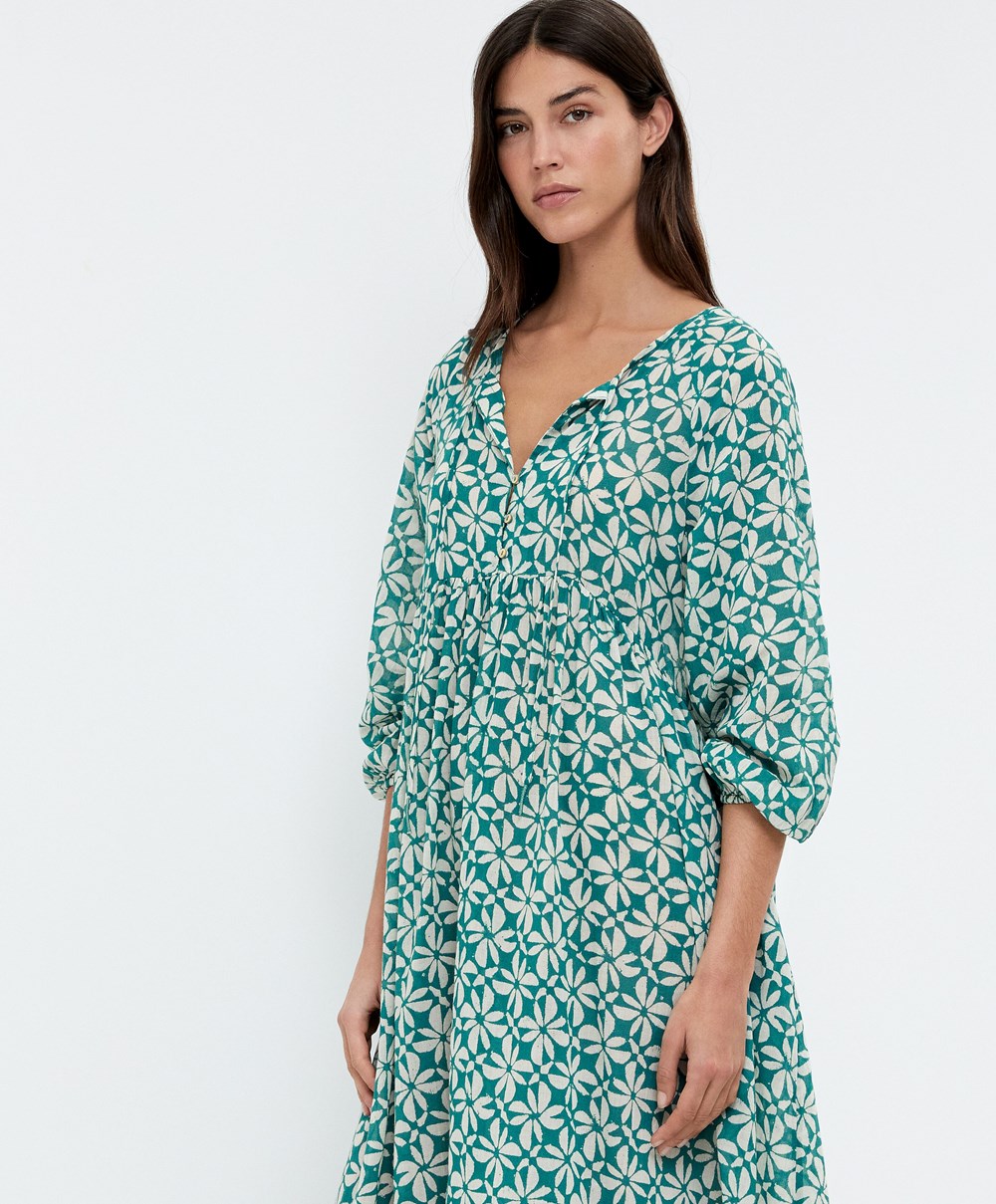 Duck Green Oysho Printed 100% Cotton Tunic Dress | DTMG58640