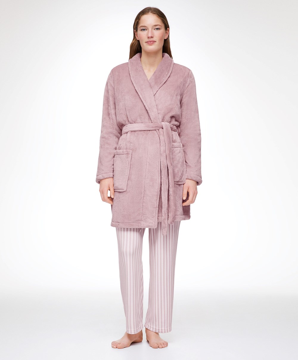 Dusty Pink Oysho Soft-touch Fleece Short Dressing Gown | MTHV98326